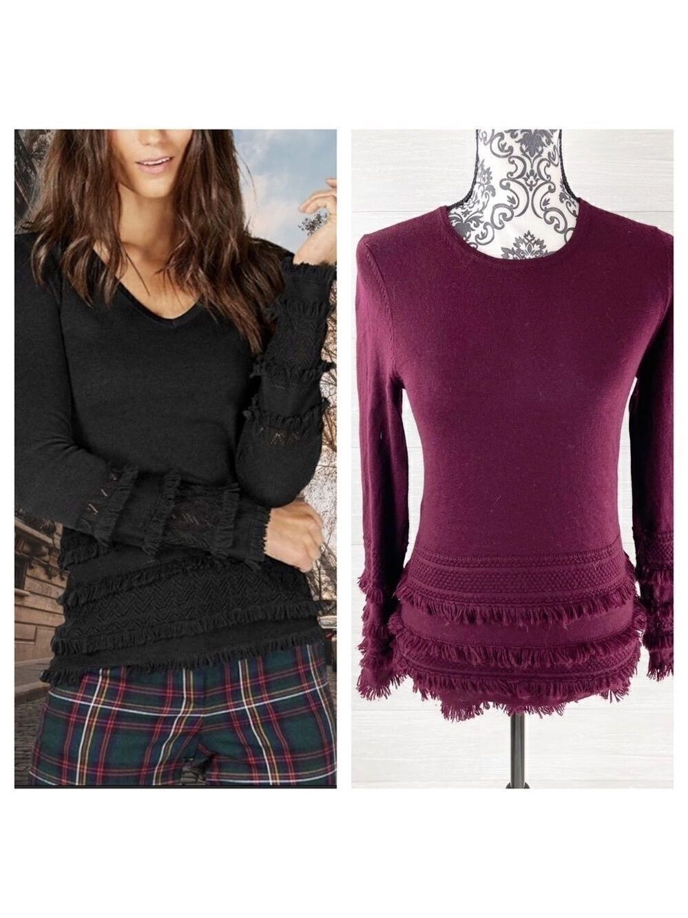 Trina‎ Turk Pointelle Merino Wool Fringe Crewneck Sweater